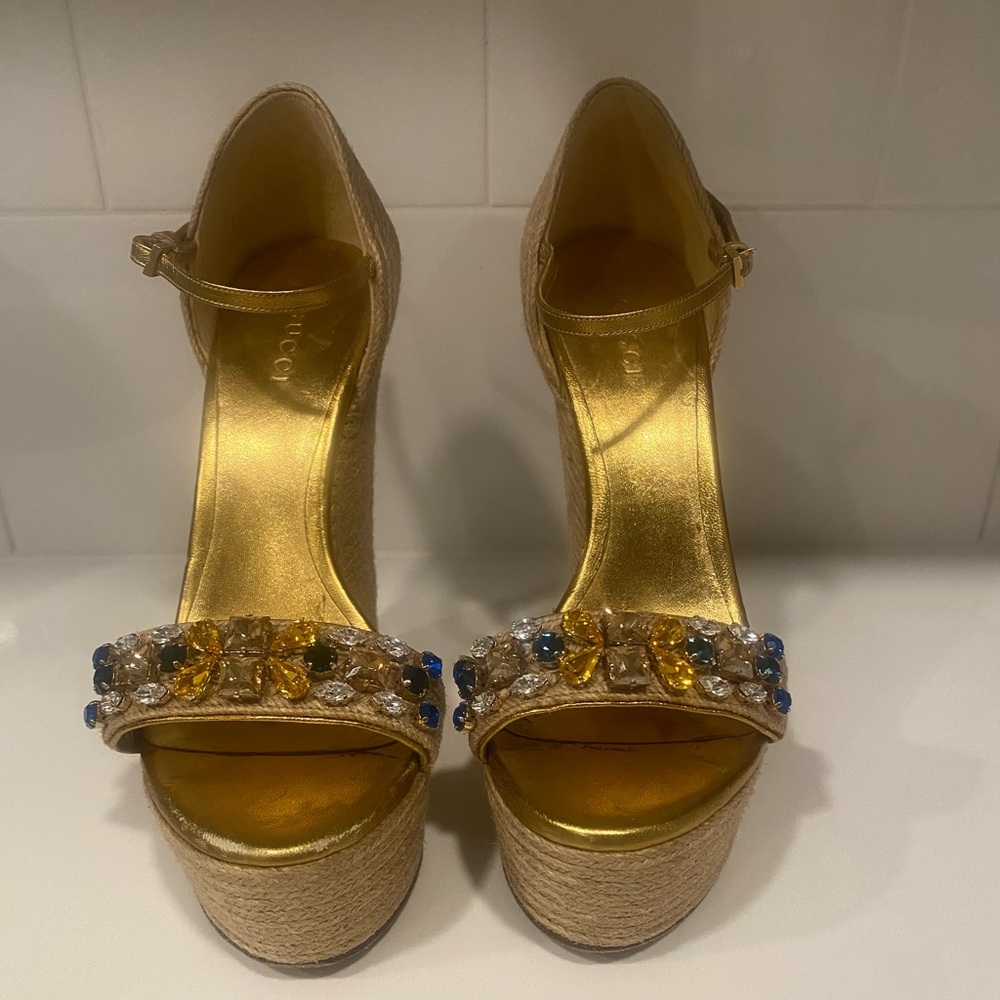 Gucci Gold Crystal Embellished Espadrille Wedge